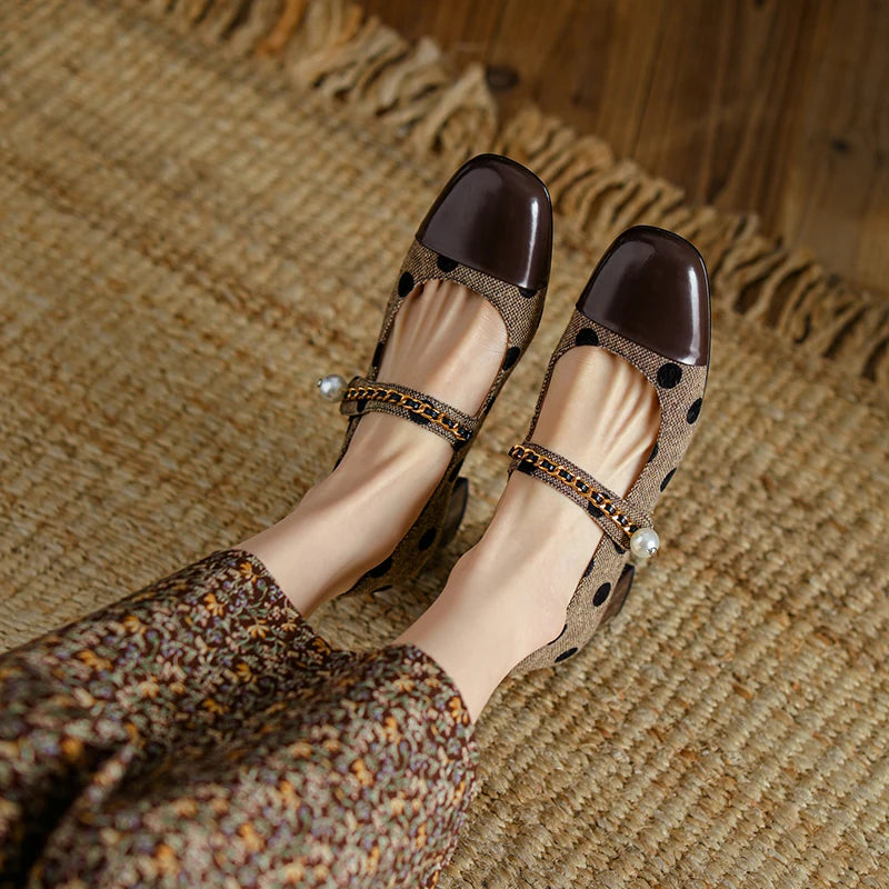 Lizakosht New Mary Jane Women Shoes LEISURE Retro Buckle Shallow Pumps Square Toe Thick Heel Shoes Woman Zapatos De Mujer Spot Pearl
