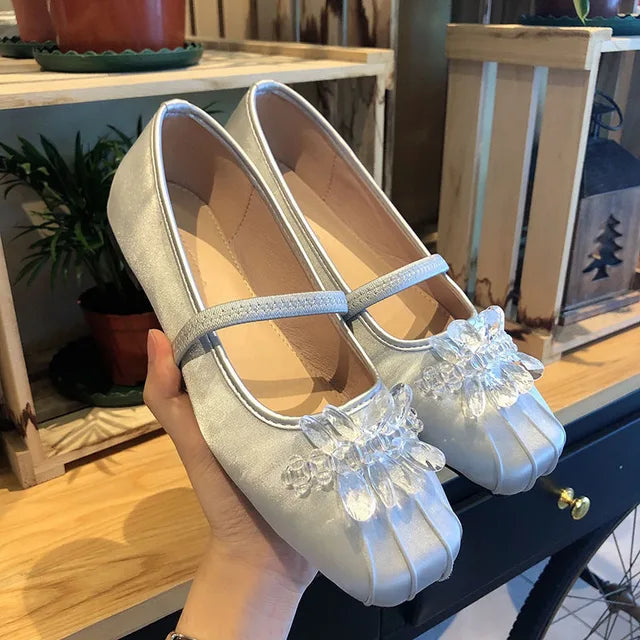 Lizakosht Fashion Spring/Autumn Silk Flats Mary Jane Shoes Square Toe Women's Shoes Handmade String Bead Ballet Flats Women Shoes