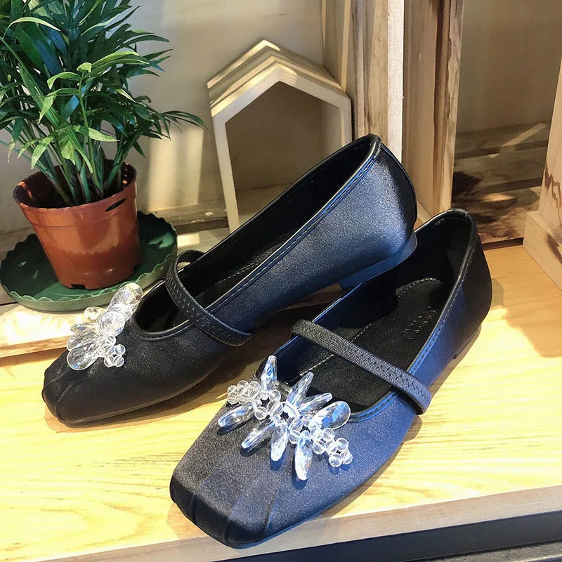 Lizakosht Fashion Spring/Autumn Silk Flats Mary Jane Shoes Square Toe Women's Shoes Handmade String Bead Ballet Flats Women Shoes
