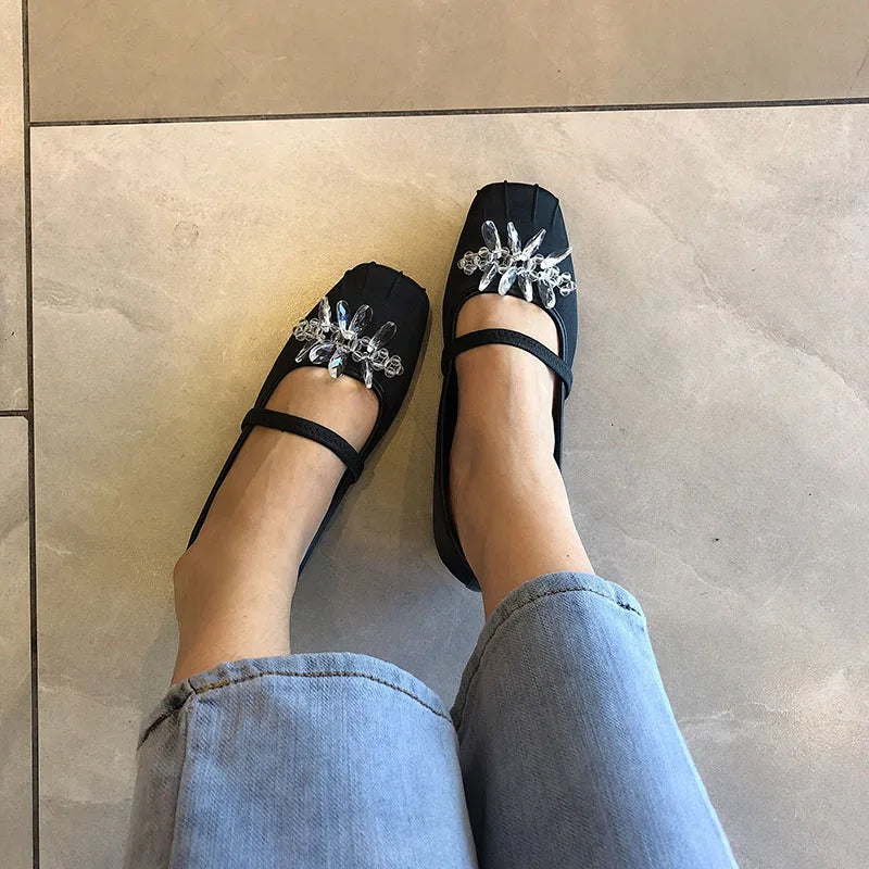 Lizakosht Fashion Spring/Autumn Silk Flats Mary Jane Shoes Square Toe Women's Shoes Handmade String Bead Ballet Flats Women Shoes