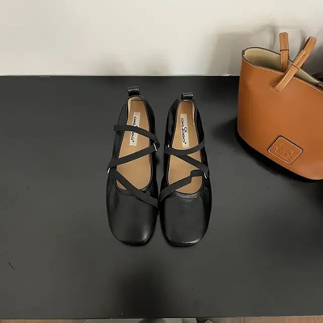 Lizakosht NEW Retro Classic PU Cross Elastic Bandage Ballet Shoes Women Square Toe Cross Tied Women Flats Elegant Valentine Shoes