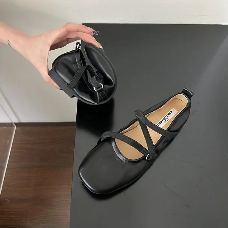Lizakosht NEW Retro Classic PU Cross Elastic Bandage Ballet Shoes Women Square Toe Cross Tied Women Flats Elegant Valentine Shoes