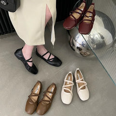 Lizakosht NEW Retro Classic PU Cross Elastic Bandage Ballet Shoes Women Square Toe Cross Tied Women Flats Elegant Valentine Shoes
