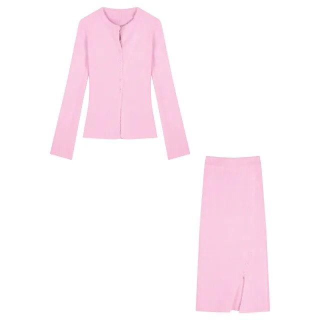 Spring 2 Piece Dress Set Pink Knitted Sweater Clothing Casual Cardigan Tops + Slim Elegant Midi Skirt Korea Suit Woman Chic
