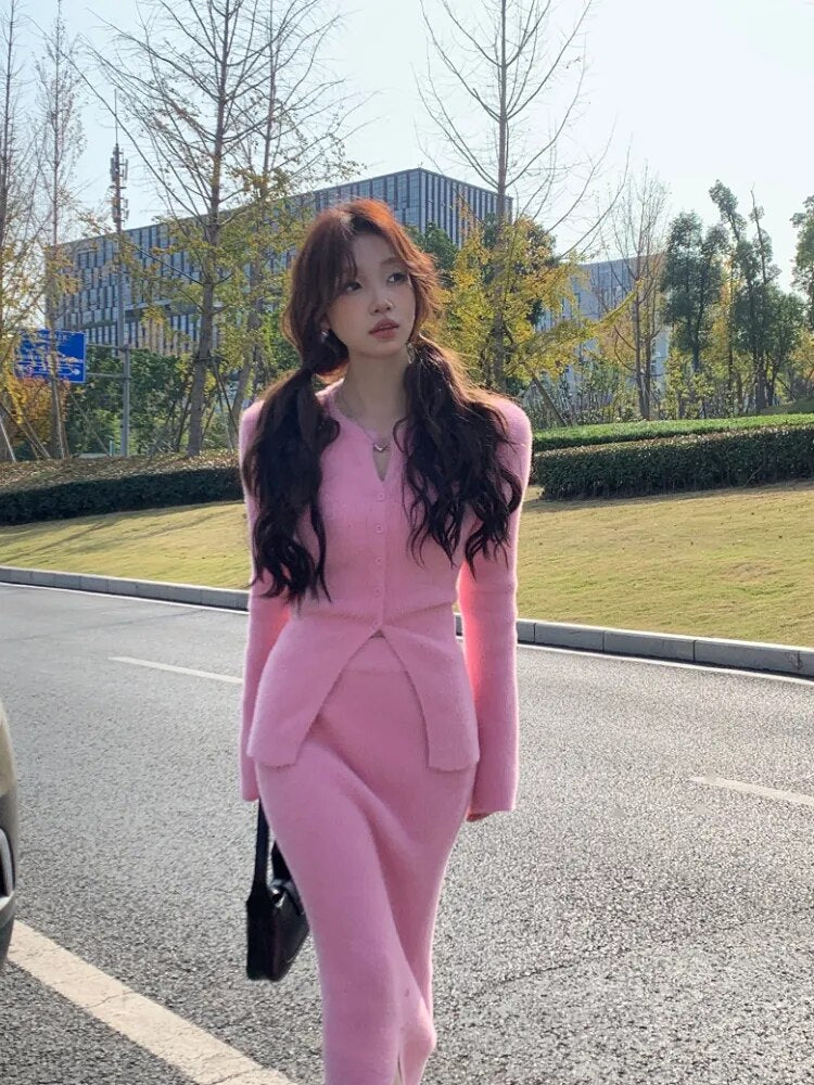 Spring 2 Piece Dress Set Pink Knitted Sweater Clothing Casual Cardigan Tops + Slim Elegant Midi Skirt Korea Suit Woman Chic