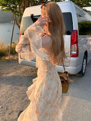 Lizakosht Spring Elegant Floral Midi Dress Women Casual Outwear Beach Y2k Dress French Vintage One Piece Dress Korean Fashion Summer