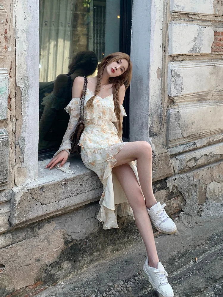 Lizakosht Spring Elegant Floral Midi Dress Women Casual Outwear Beach Y2k Dress French Vintage One Piece Dress Korean Fashion Summer
