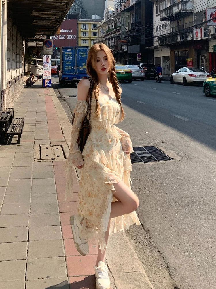 Lizakosht Spring Elegant Floral Midi Dress Women Casual Outwear Beach Y2k Dress French Vintage One Piece Dress Korean Fashion Summer