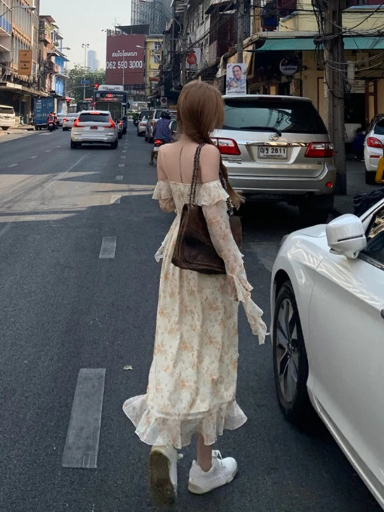 Lizakosht Spring Elegant Floral Midi Dress Women Casual Outwear Beach Y2k Dress French Vintage One Piece Dress Korean Fashion Summer