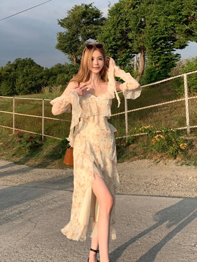 Lizakosht Spring Elegant Floral Midi Dress Women Casual Outwear Beach Y2k Dress French Vintage One Piece Dress Korean Fashion Summer