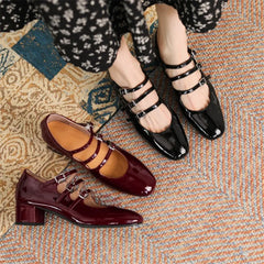 Lizakosht Spring/summer Mary Jane Shoes Patent Leather Woman Shoe French Square Toe Thick Heel Shoes Women Buckle Strap Commute Pumps