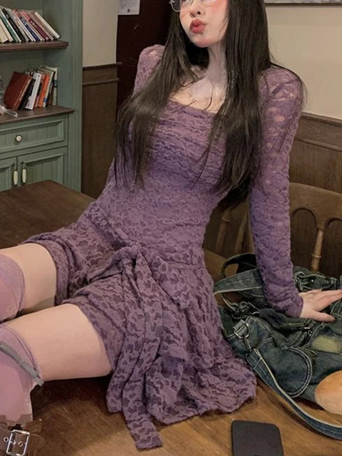 Lizakosht Summer Vintage Y2k Mini Dress Women Long Sleeve Even Party Dress Female Casual Lace Bodycon One Piece Dress Korean Chic