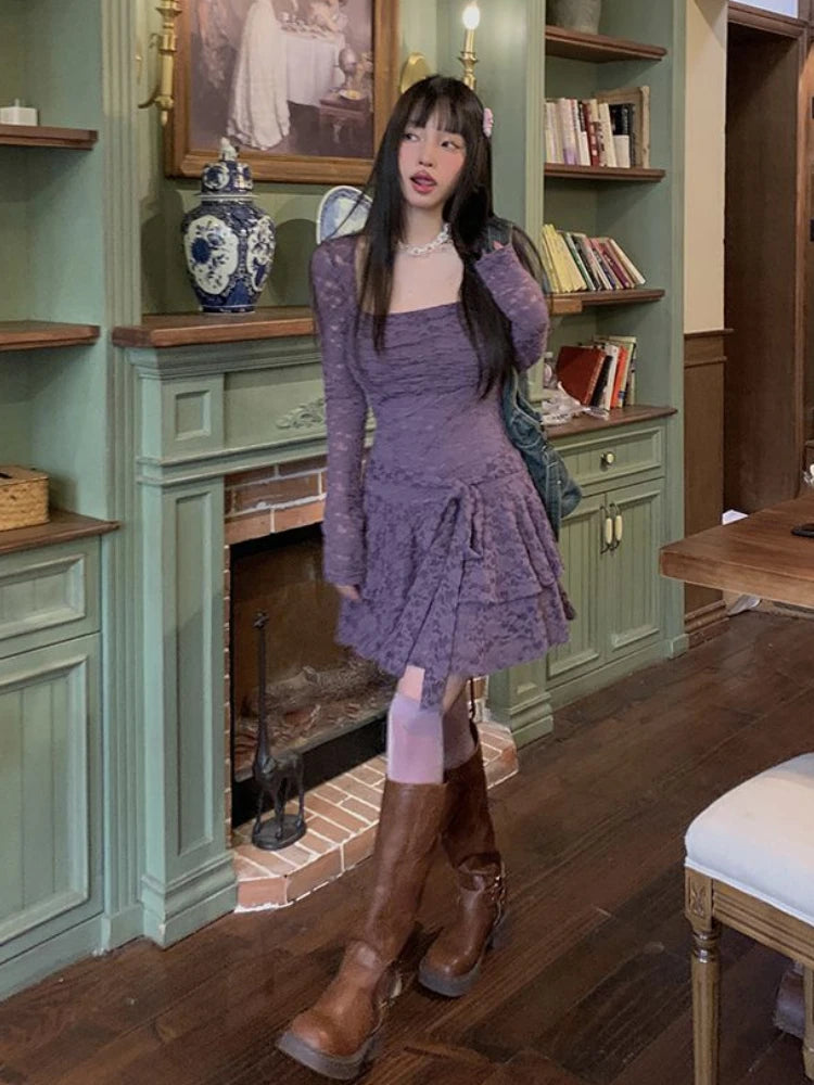 Lizakosht Summer Vintage Y2k Mini Dress Women Long Sleeve Even Party Dress Female Casual Lace Bodycon One Piece Dress Korean Chic