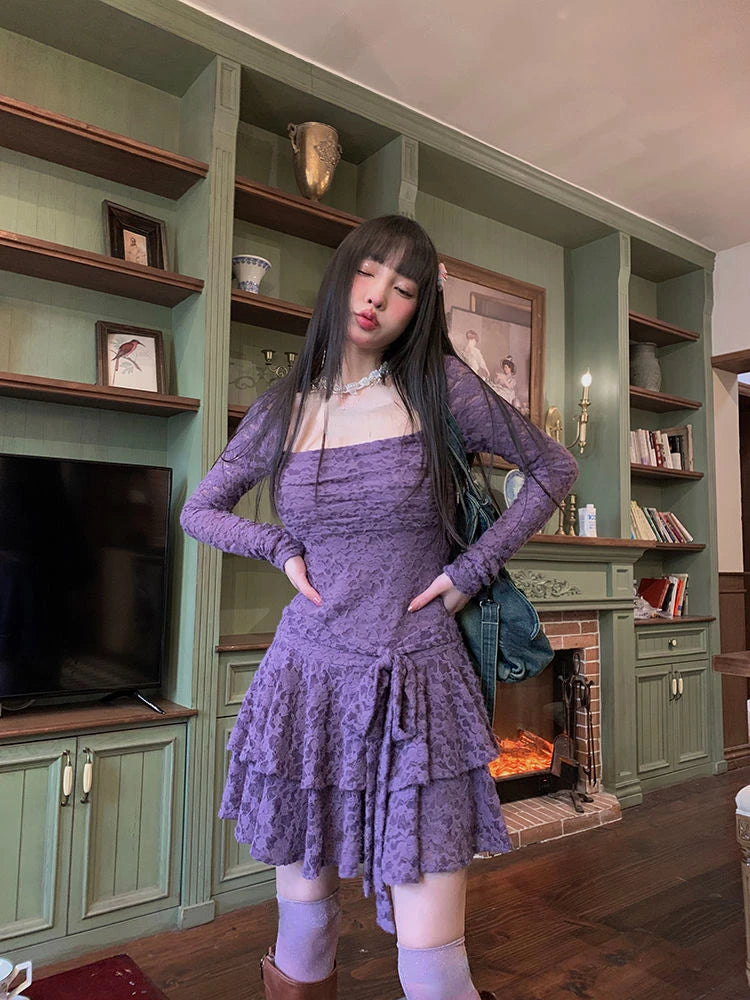 Lizakosht Summer Vintage Y2k Mini Dress Women Long Sleeve Even Party Dress Female Casual Lace Bodycon One Piece Dress Korean Chic