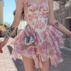 Lizakosht - Summer Women Sleeveless Sweet Pink Print Beach Dress Female Slim Holiday  Halter Mini Dress Tierred Birthday Party Dress