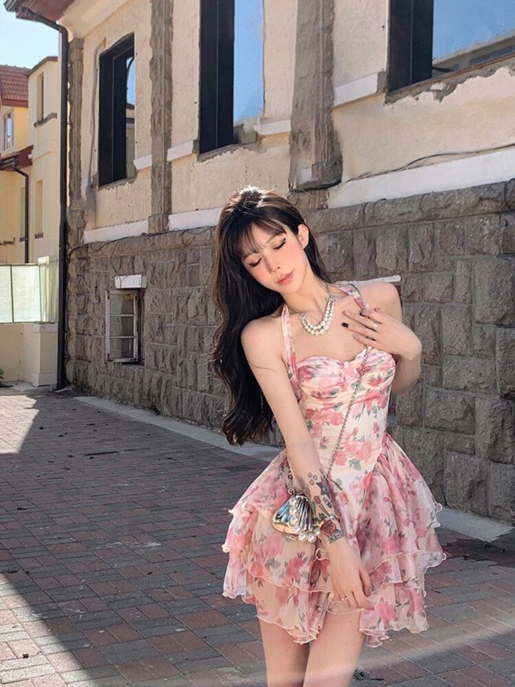 Lizakosht - Summer Women Sleeveless Sweet Pink Print Beach Dress Female Slim Holiday  Halter Mini Dress Tierred Birthday Party Dress