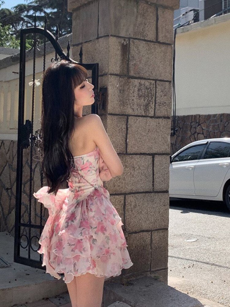 Lizakosht - Summer Women Sleeveless Sweet Pink Print Beach Dress Female Slim Holiday  Halter Mini Dress Tierred Birthday Party Dress