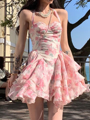 Lizakosht - Summer Women Sleeveless Sweet Pink Print Beach Dress Female Slim Holiday  Halter Mini Dress Tierred Birthday Party Dress