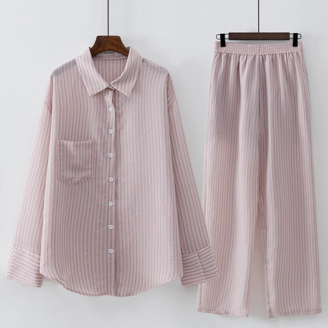 Lizakosht 2023 Women Casual Summer Striped Blouse Pant Clothing Sets Pink Khaki Black