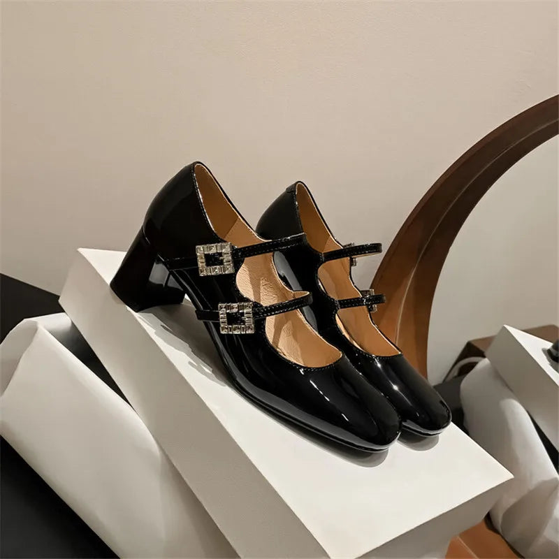 Lizakosht 2024 Spring/summer Mary Jane Shoes Split Leather Women Shoes French Square Toe Chunky Heel Shoes Women High Heels Women Pumps