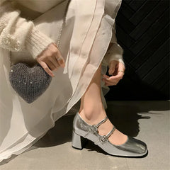 Lizakosht 2024 Spring/summer Mary Jane Shoes Split Leather Women Shoes French Square Toe Chunky Heel Shoes Women High Heels Women Pumps