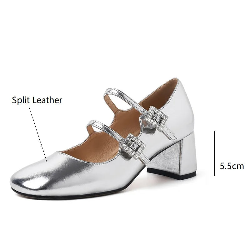 Lizakosht 2024 Spring/summer Mary Jane Shoes Split Leather Women Shoes French Square Toe Chunky Heel Shoes Women High Heels Women Pumps