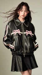 Lizakosht - new Y2K Korean Harajuku sweet cool bow retro rubbing black leather coat motorcycle spice girl fashion slim coat street wear
