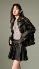 Lizakosht - new Y2K Korean Harajuku sweet cool bow retro rubbing black leather coat motorcycle spice girl fashion slim coat street wear
