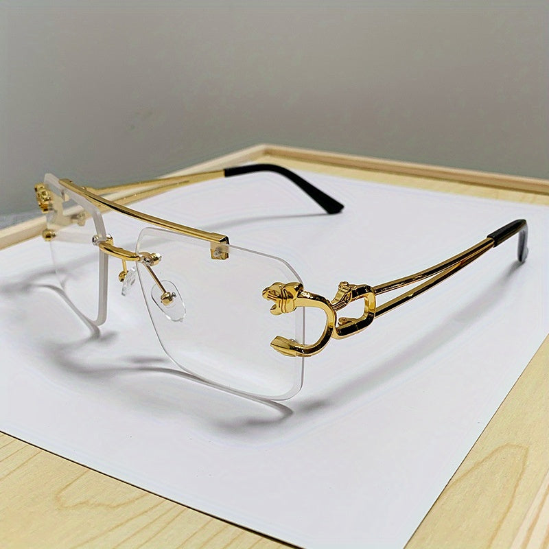 1pc Men's Trendy Square Rimless Sunglasses, Super Cool Gold Tiger Head Decoration Sunglasses Men's Driving Sunshade Anti-glare Glasses
