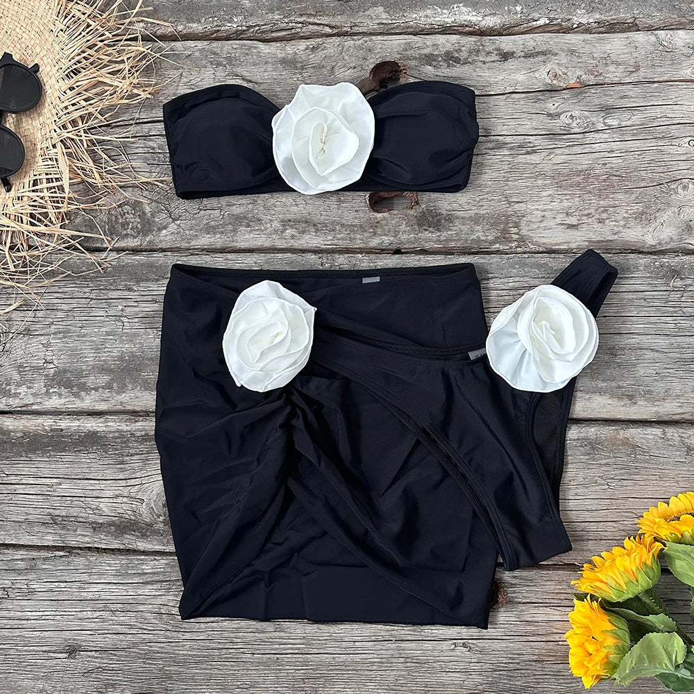 Lizakosht 3-Pieces Women Floral Lace Up Push-Up Padded Bra White Bikini Set Swimsuit Swimwear Bathing Suit Beachwear Biquini