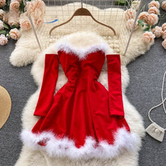 Women Elegant Dress For New Year 2022 Strapless Backless Furry Sexy Short Mini Christmas Dress Navidad Red Party Dress Femme