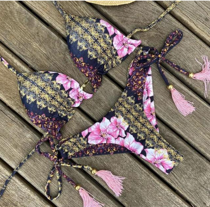 Sexy Floral Print Bikinis Striped Patchwork Swimsuit Women Bandage Bikini Set Swimwear Brazilian Beachwear New Bathing Suit