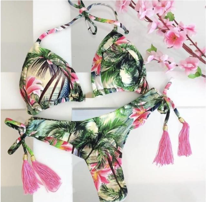 Sexy Floral Print Bikinis Striped Patchwork Swimsuit Women Bandage Bikini Set Swimwear Brazilian Beachwear New Bathing Suit