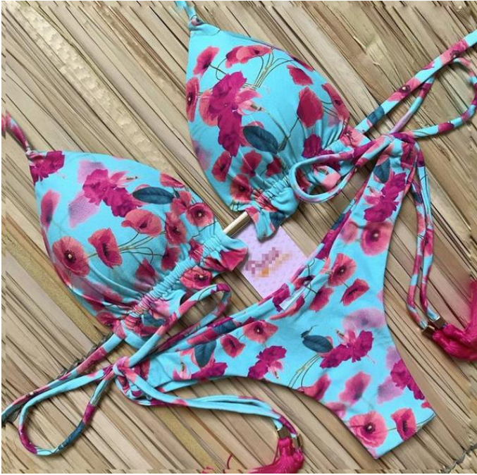Sexy Floral Print Bikinis Striped Patchwork Swimsuit Women Bandage Bikini Set Swimwear Brazilian Beachwear New Bathing Suit