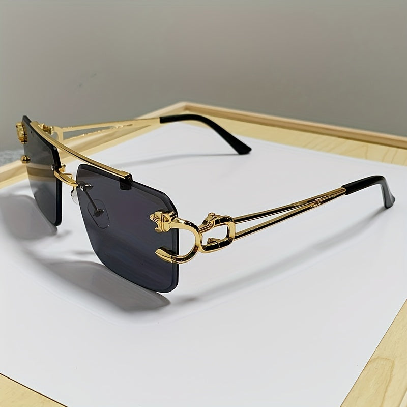 1pc Men's Trendy Square Rimless Sunglasses, Super Cool Gold Tiger Head Decoration Sunglasses Men's Driving Sunshade Anti-glare Glasses