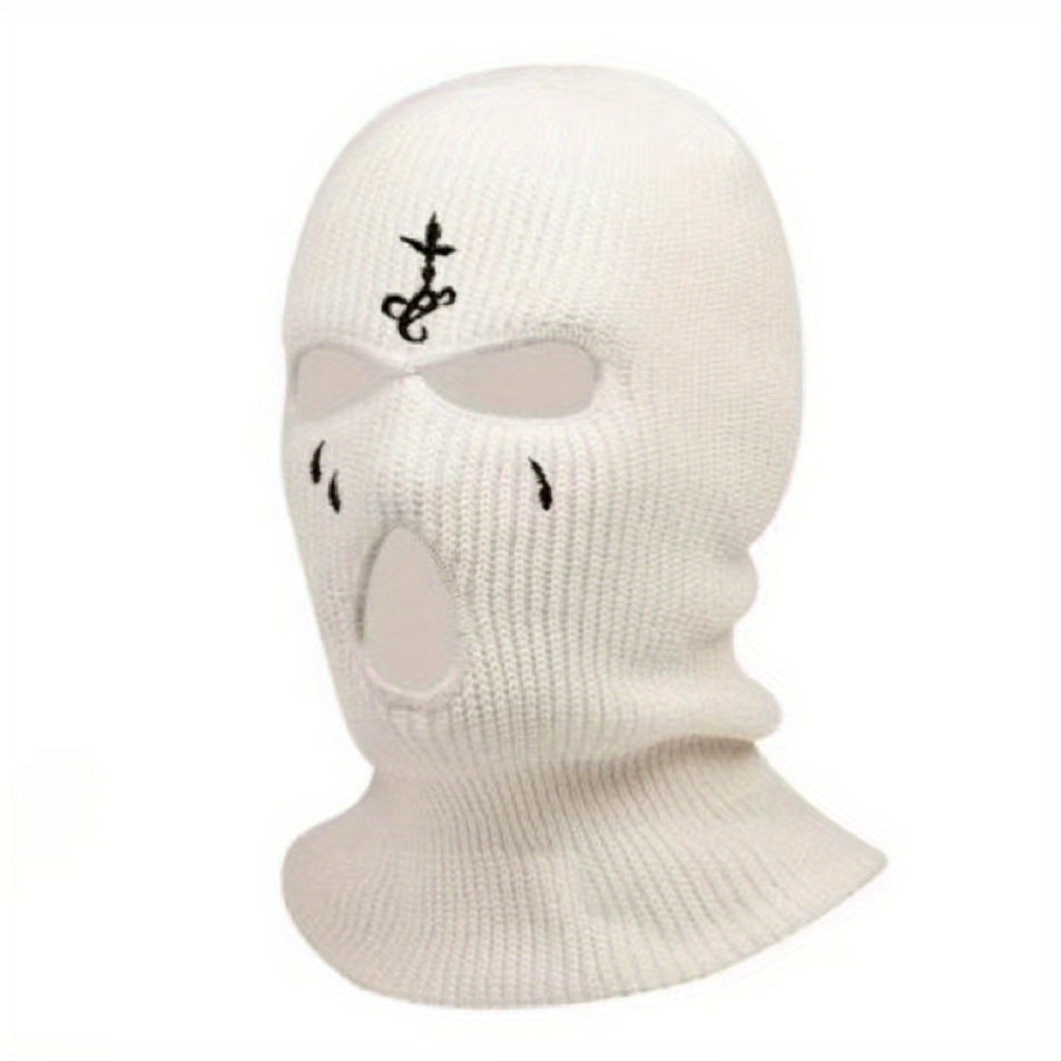 1pc Fashion Embroidered Knitted Ski Mask Winter Balaclava 3 Hole Knitted Ski Neck Warmer Warm Knitted Hat