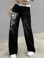 Lizakosht   Gothic Print Baggy Jeans Y2K Autumn Low Rise Trousers Vintage Casual Wide Leg Denim Aesthetic Women Cargo Pants Black