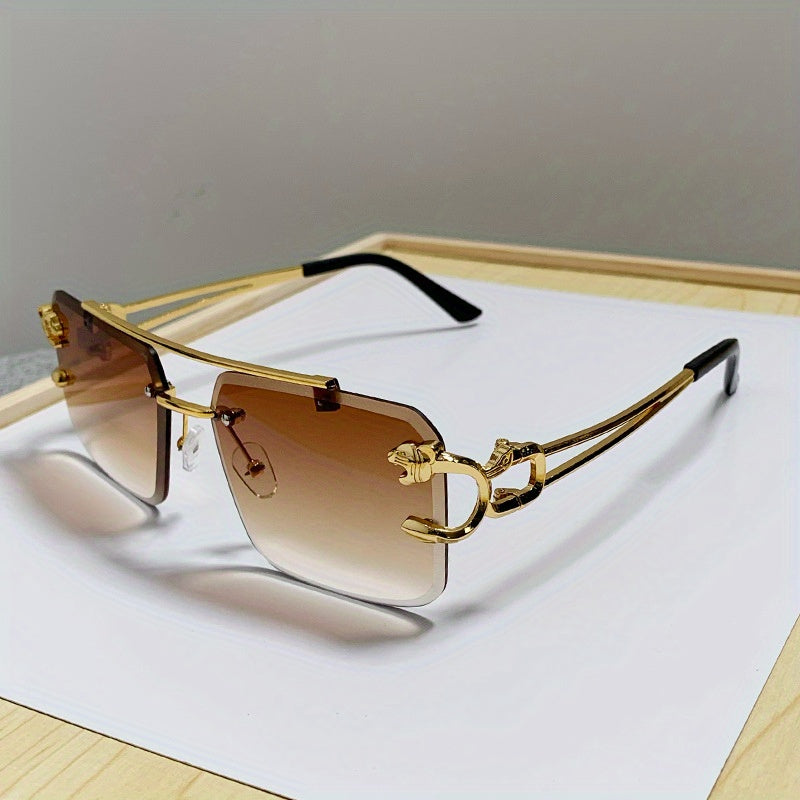 1pc Men's Trendy Square Rimless Sunglasses, Super Cool Gold Tiger Head Decoration Sunglasses Men's Driving Sunshade Anti-glare Glasses