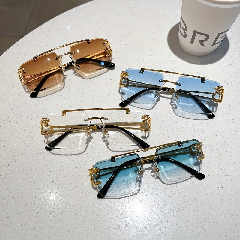 1pc Men's Trendy Square Rimless Sunglasses, Super Cool Gold Tiger Head Decoration Sunglasses Men's Driving Sunshade Anti-glare Glasses