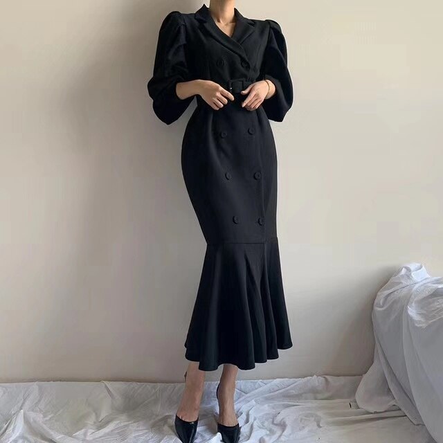 Clothland Women Elegant Midi Mermaid Dress Double Breasted Long Sleeve Belt Sashes Army Green Trumpet Dresses Mujer QB297