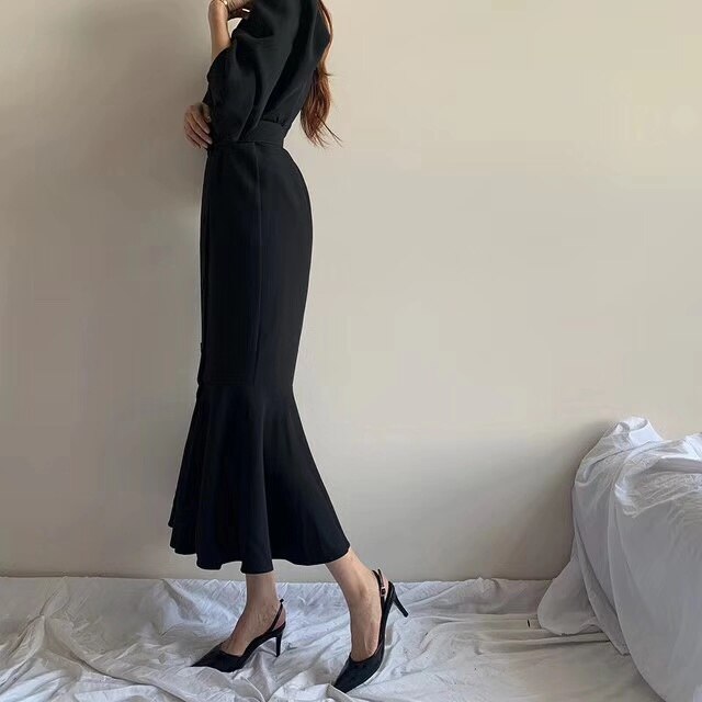 Clothland Women Elegant Midi Mermaid Dress Double Breasted Long Sleeve Belt Sashes Army Green Trumpet Dresses Mujer QB297