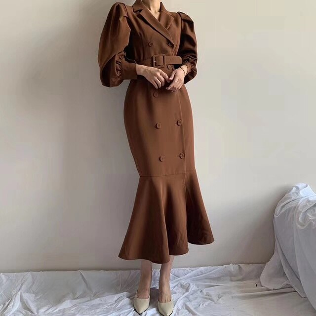 Clothland Women Elegant Midi Mermaid Dress Double Breasted Long Sleeve Belt Sashes Army Green Trumpet Dresses Mujer QB297