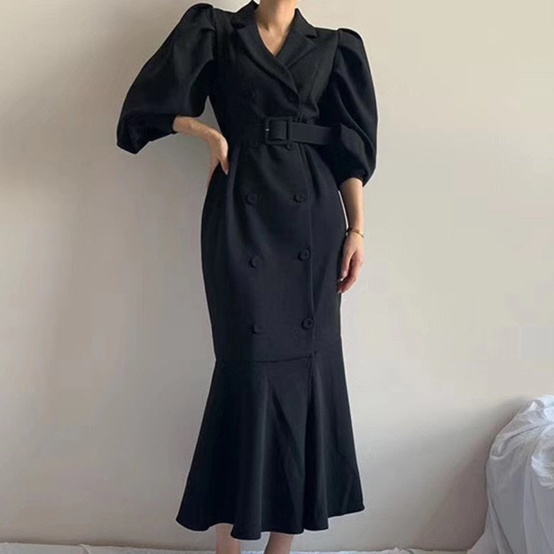 Clothland Women Elegant Midi Mermaid Dress Double Breasted Long Sleeve Belt Sashes Army Green Trumpet Dresses Mujer QB297
