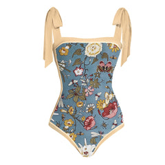 Lizakosht Vintage Colorblock Floral Print One-Piece Swimsuit Set High Waist Slim Square Neck Bikini Elegant Beachwear Fashion 2022