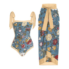 Lizakosht Vintage Colorblock Floral Print One-Piece Swimsuit Set High Waist Slim Square Neck Bikini Elegant Beachwear Fashion 2022