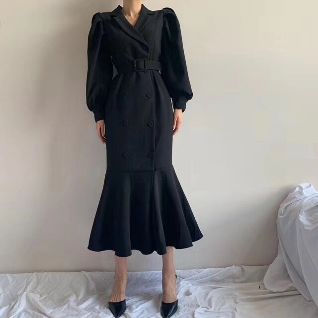 Clothland Women Elegant Midi Mermaid Dress Double Breasted Long Sleeve Belt Sashes Army Green Trumpet Dresses Mujer QB297