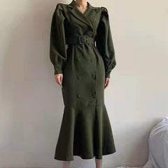 Clothland Women Elegant Midi Mermaid Dress Double Breasted Long Sleeve Belt Sashes Army Green Trumpet Dresses Mujer QB297