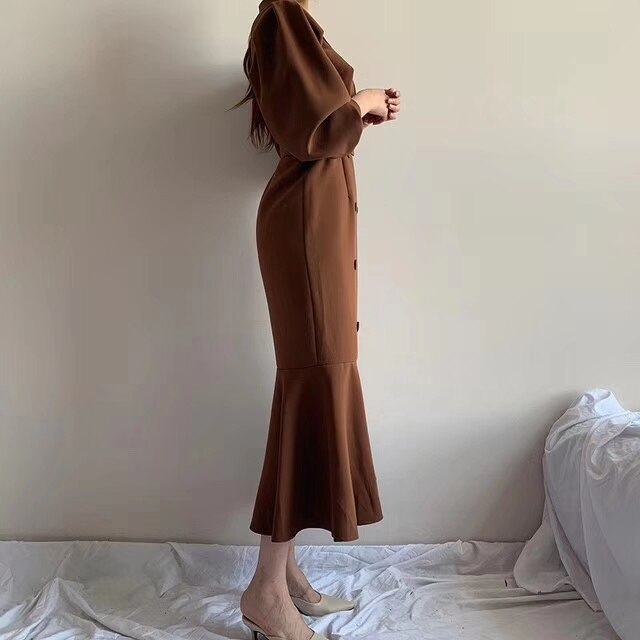 Clothland Women Elegant Midi Mermaid Dress Double Breasted Long Sleeve Belt Sashes Army Green Trumpet Dresses Mujer QB297