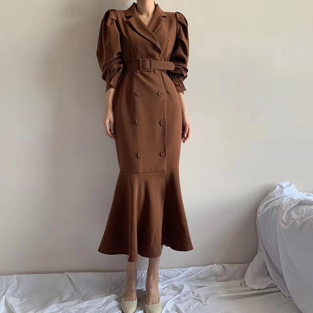 Clothland Women Elegant Midi Mermaid Dress Double Breasted Long Sleeve Belt Sashes Army Green Trumpet Dresses Mujer QB297