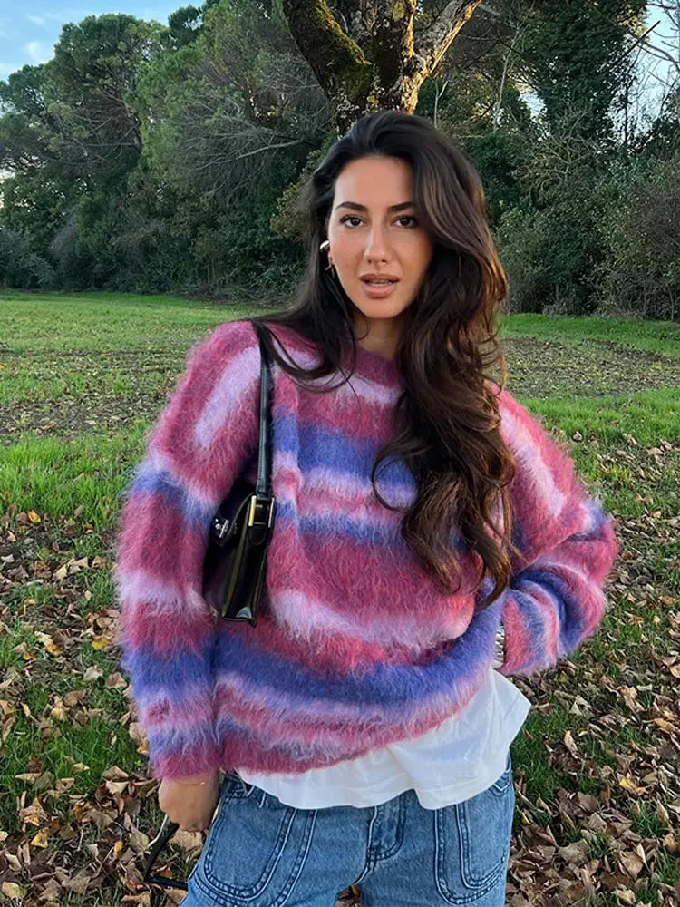 Lizakosht Knit Stripe Colorful Women Jumper Long Sleeve O-neck Pullover Loose Oversize Croppe Sweater 2024 Fashion Street Knitwear